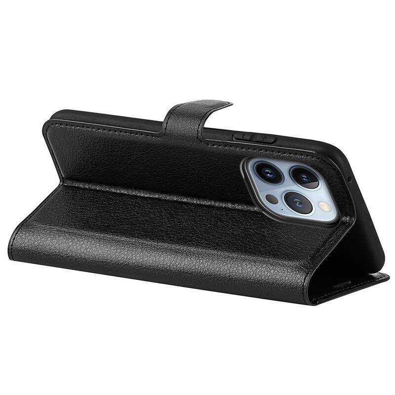 Litchi PU kožené peněženkové pouzdro na mobil iPhone 14 Pro Max 6.7 - černé