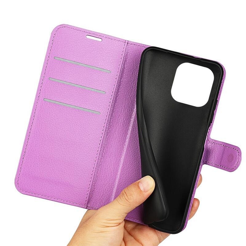 Litchi PU kožené peněženkové pouzdro na mobil iPhone 14 Pro Max 6.7 - fialové