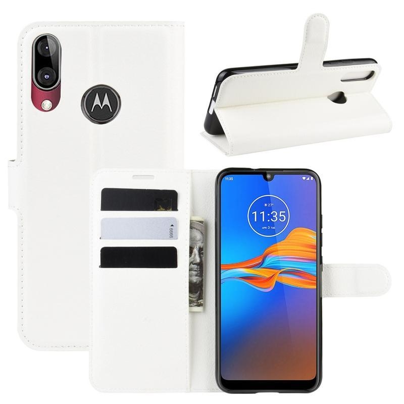 Litchi PU kožené peněženkové pouzdro na mobil Motorola Moto E6 Plus - bílé