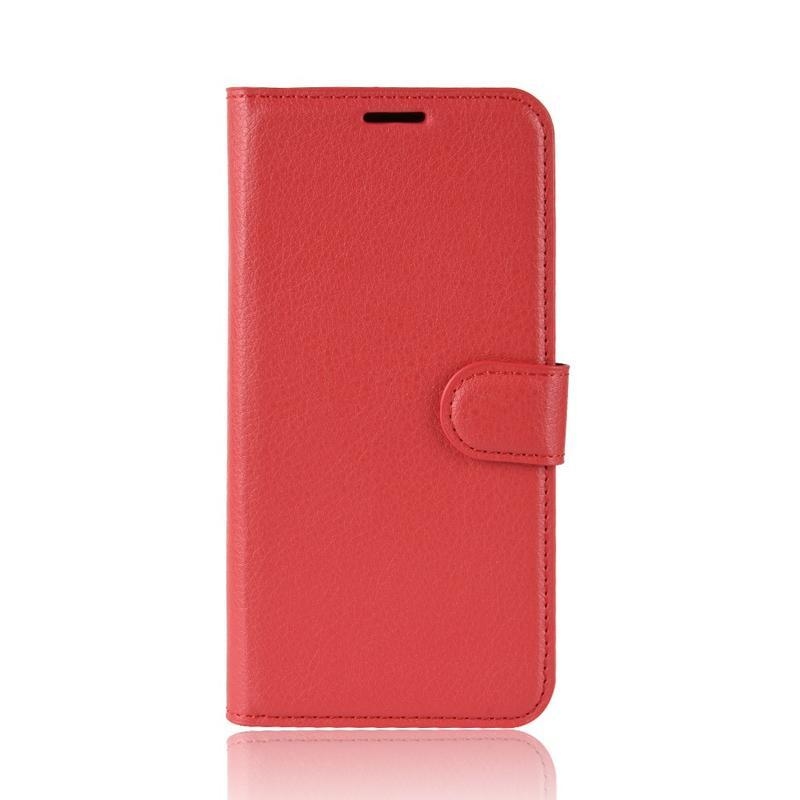 Litchi PU kožené peněženkové pouzdro na mobil Motorola Moto E6 Plus - červené