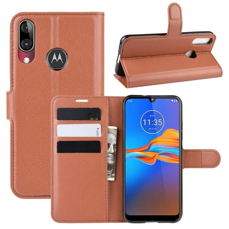Litchi PU kožené peněženkové pouzdro na mobil Motorola Moto E6 Plus - hnědé