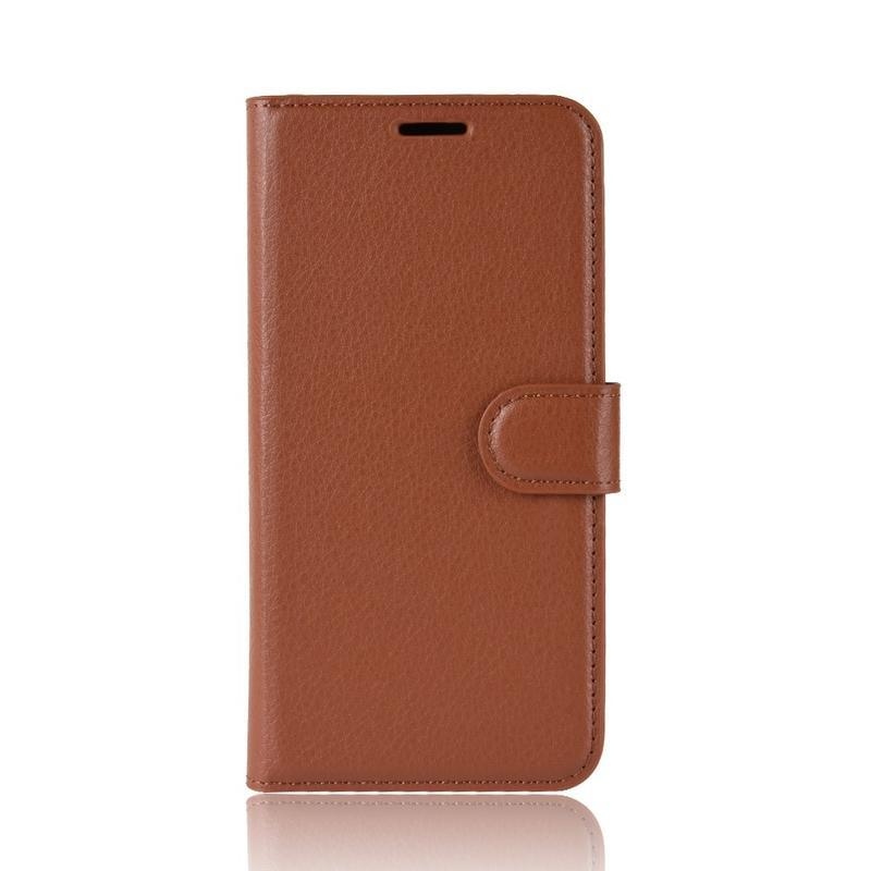 Litchi PU kožené peněženkové pouzdro na mobil Motorola Moto E6 Plus - hnědé