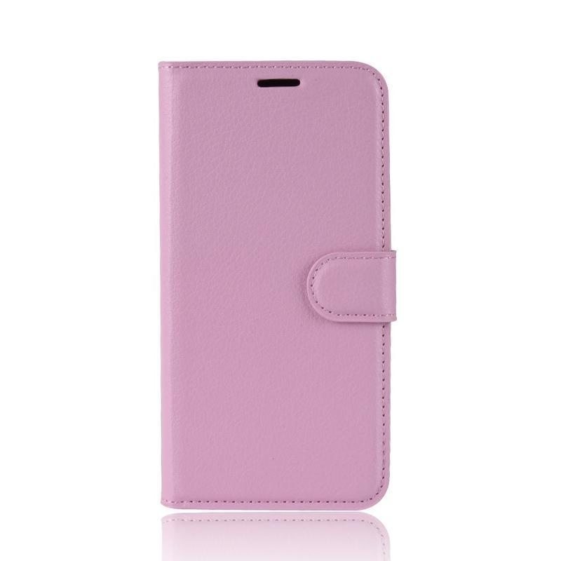 Litchi PU kožené peněženkové pouzdro na mobil Motorola Moto E6 Plus - růžové