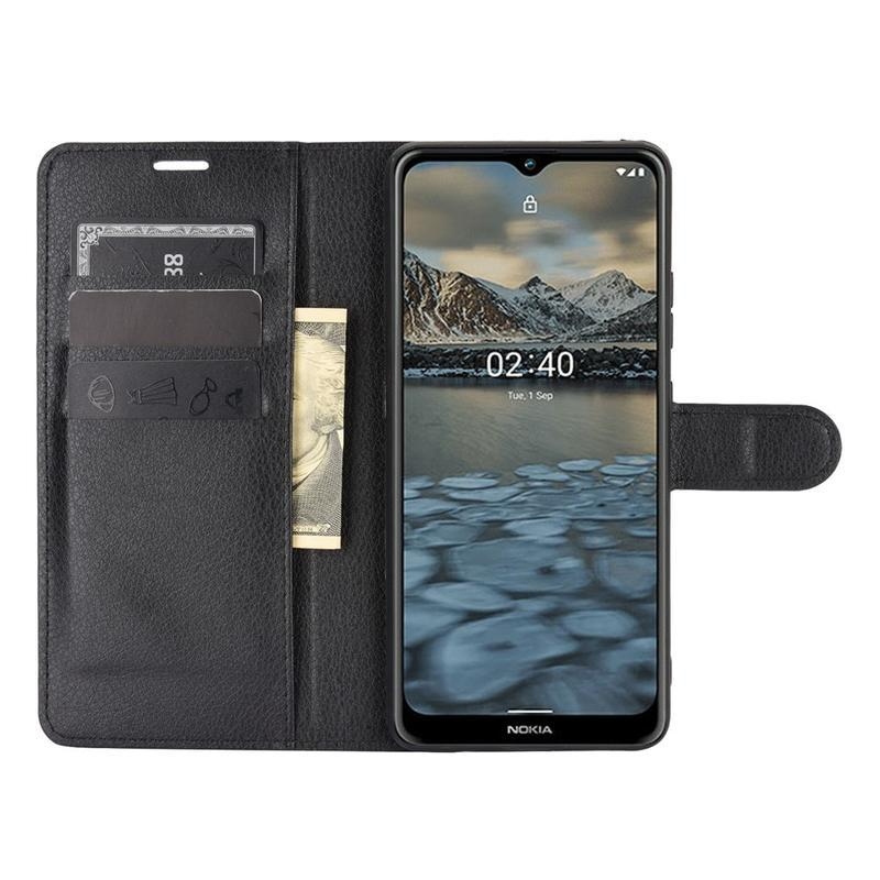 Litchi PU kožené peněženkové pouzdro na mobil Nokia 2.4 - černé