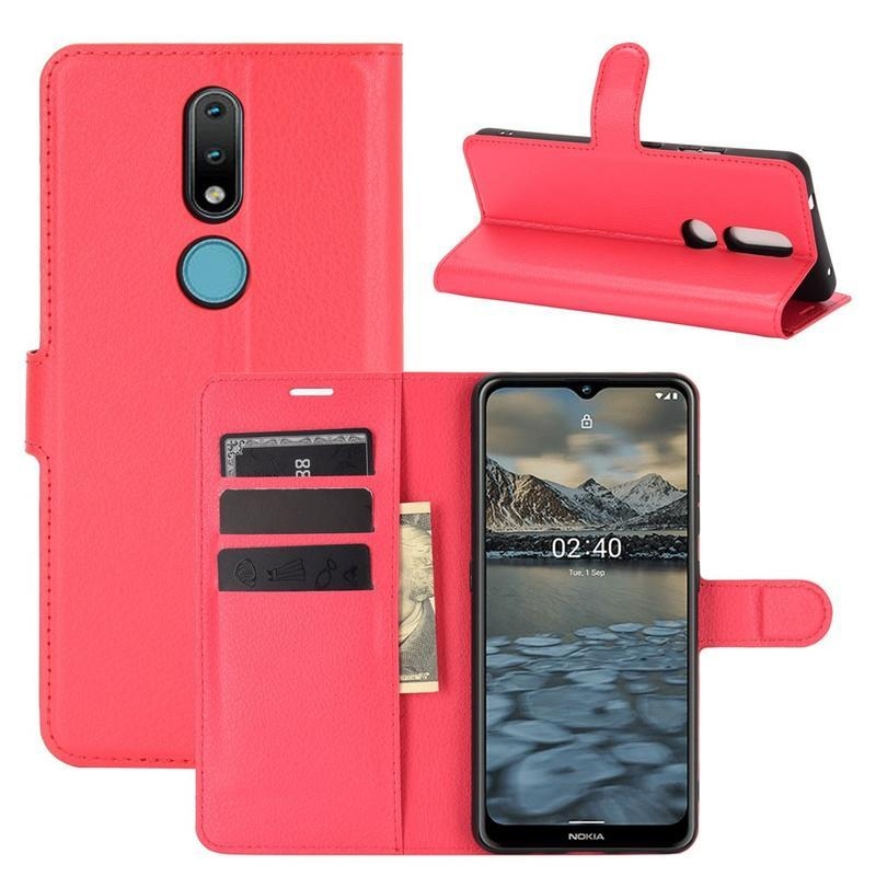 Litchi PU kožené peněženkové pouzdro na mobil Nokia 2.4 - červené