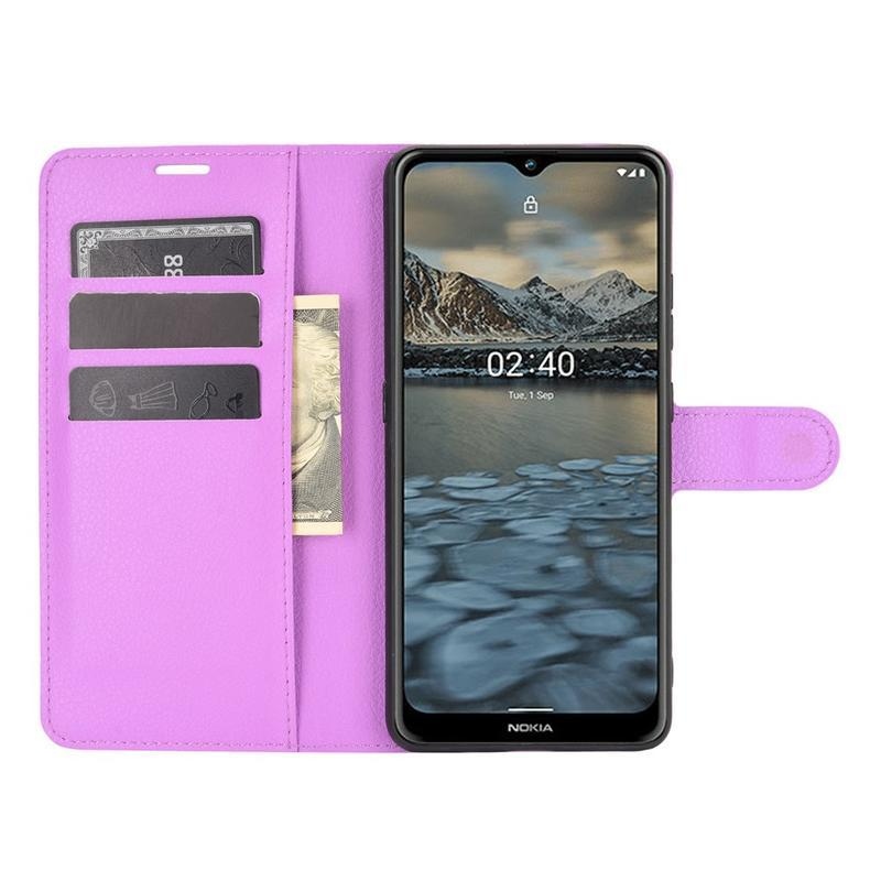 Litchi PU kožené peněženkové pouzdro na mobil Nokia 2.4 - fialové