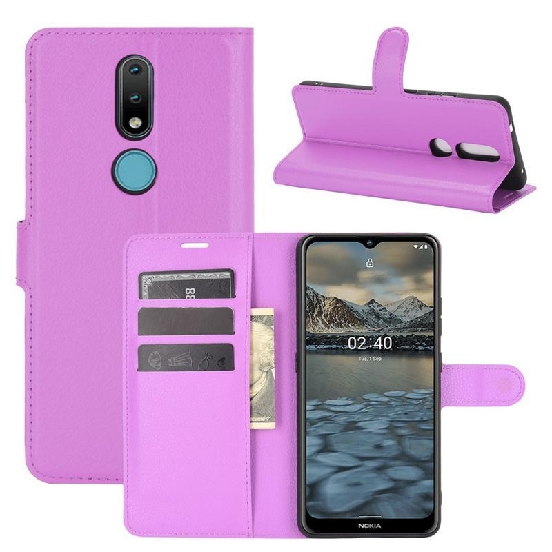 Litchi PU kožené peněženkové pouzdro na mobil Nokia 2.4 - fialové