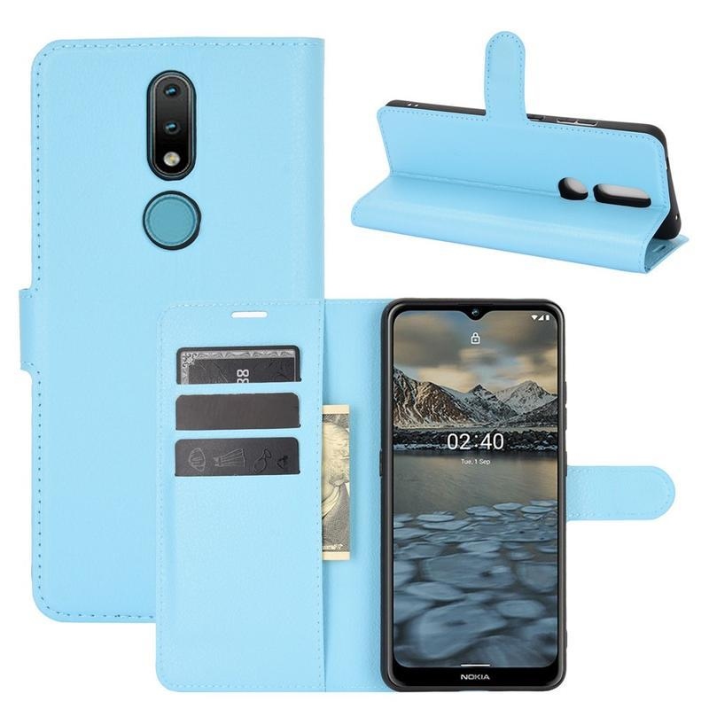 Litchi PU kožené peněženkové pouzdro na mobil Nokia 2.4 - modré