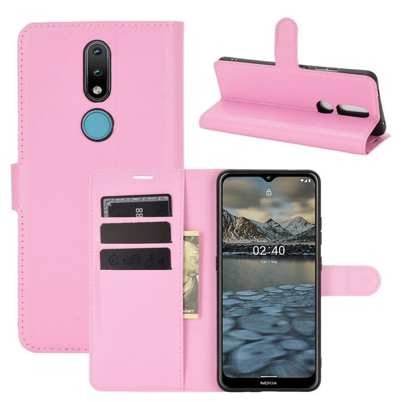 Litchi PU kožené peněženkové pouzdro na mobil Nokia 2.4 - růžové