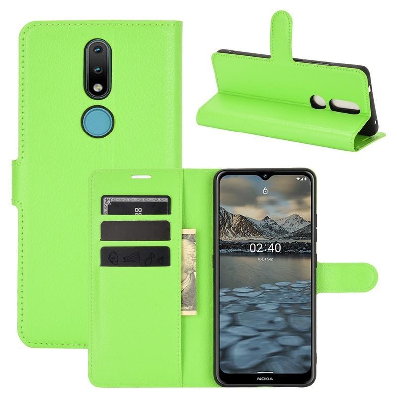 Litchi PU kožené peněženkové pouzdro na mobil Nokia 2.4 - zelené