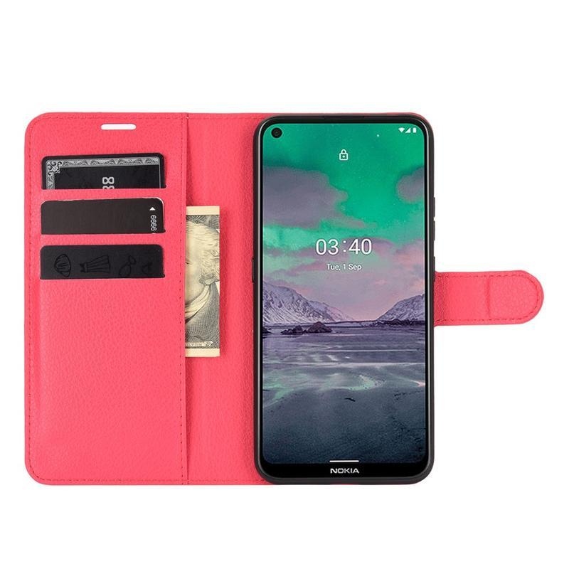 Litchi PU kožené peněženkové pouzdro na mobil Nokia 3.4 - červené