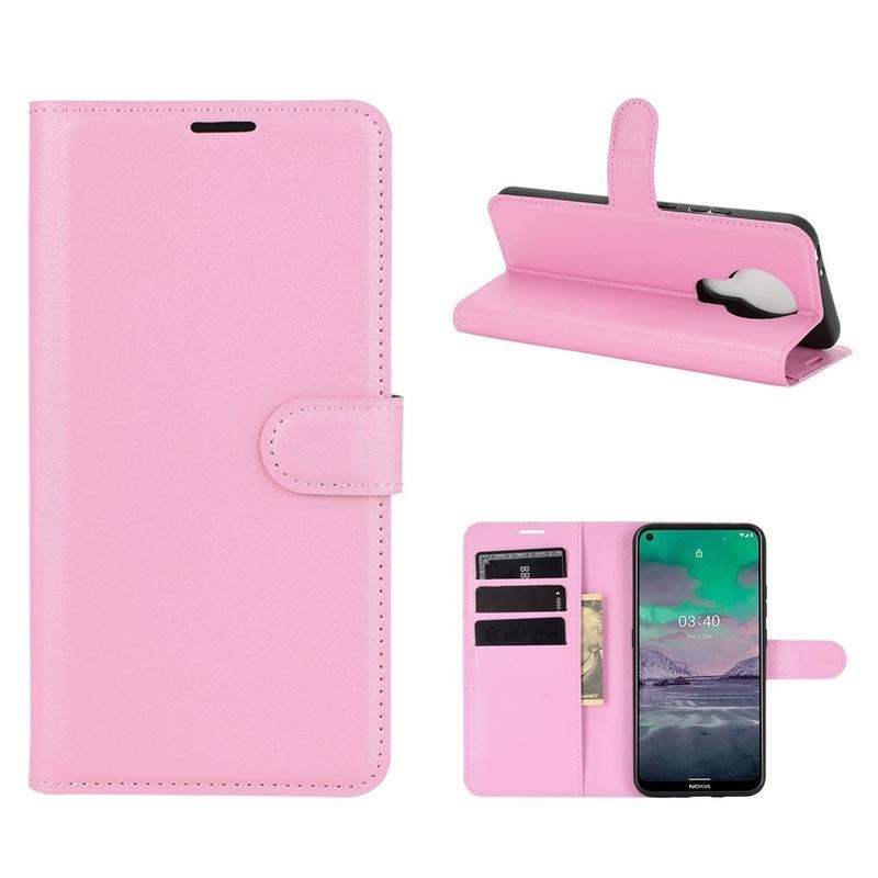 Litchi PU kožené peněženkové pouzdro na mobil Nokia 3.4 - růžové