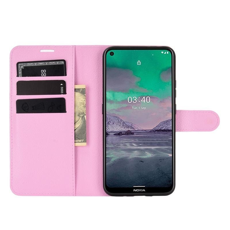 Litchi PU kožené peněženkové pouzdro na mobil Nokia 3.4 - růžové