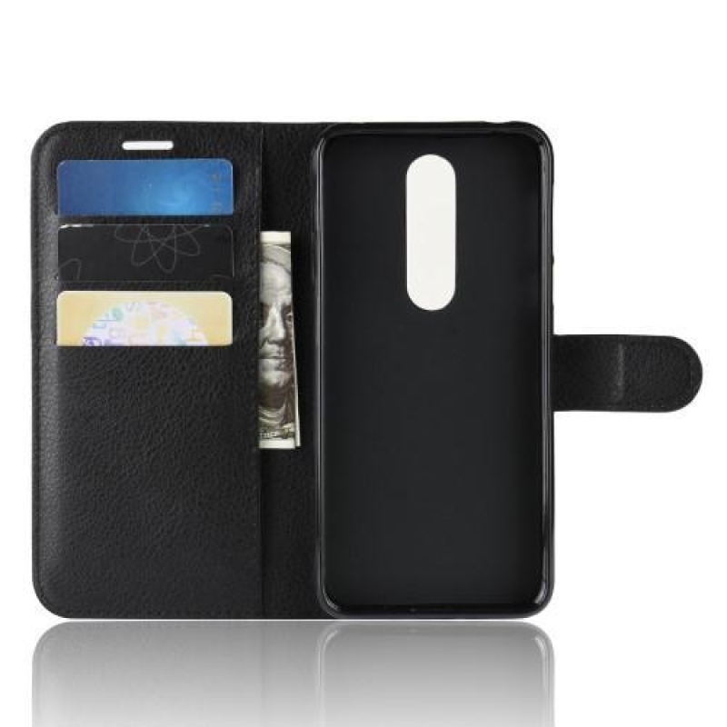 Litchi PU kožené peněženkové pouzdro na mobil Nokia 7.1 - černé