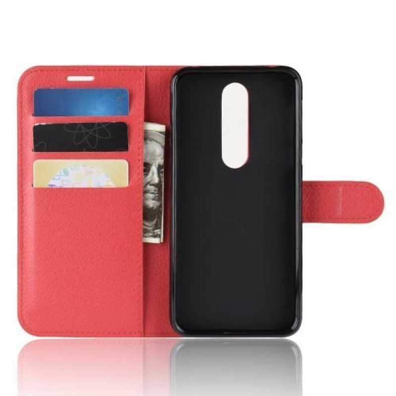 Litchi PU kožené peněženkové pouzdro na mobil Nokia 7.1 - červené