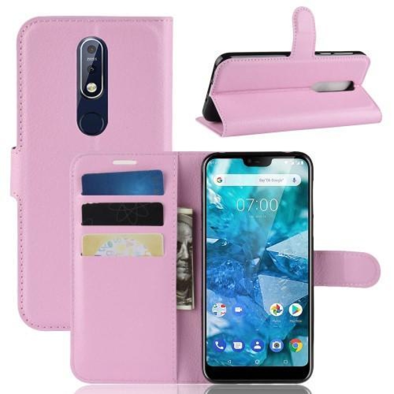 Litchi PU kožené peněženkové pouzdro na mobil Nokia 7.1 - růžové