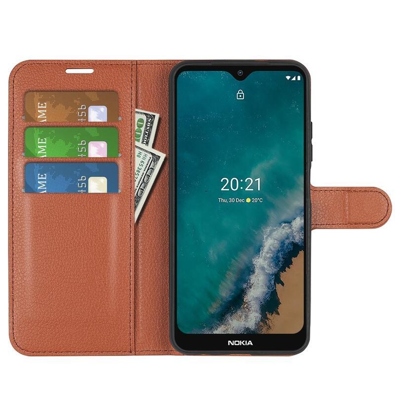 Litchi PU kožené peněženkové pouzdro na mobil Nokia G50 - hnědé