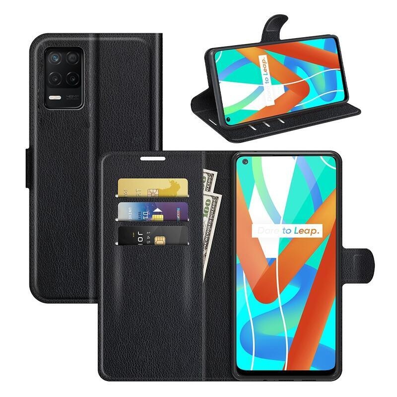 Litchi PU kožené peněženkové pouzdro na mobil Realme 8 5G - černé