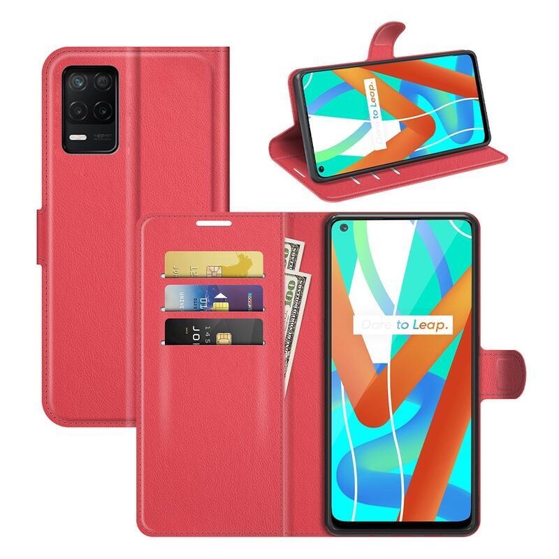 Litchi PU kožené peněženkové pouzdro na mobil Realme 8 5G - červené