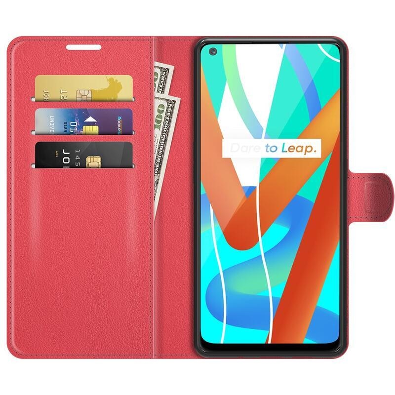 Litchi PU kožené peněženkové pouzdro na mobil Realme 8 5G - červené