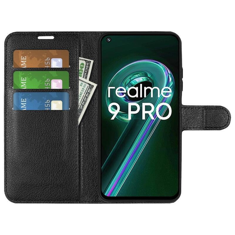 Litchi PU kožené peněženkové pouzdro na mobil Realme 9 Pro 5G - černé