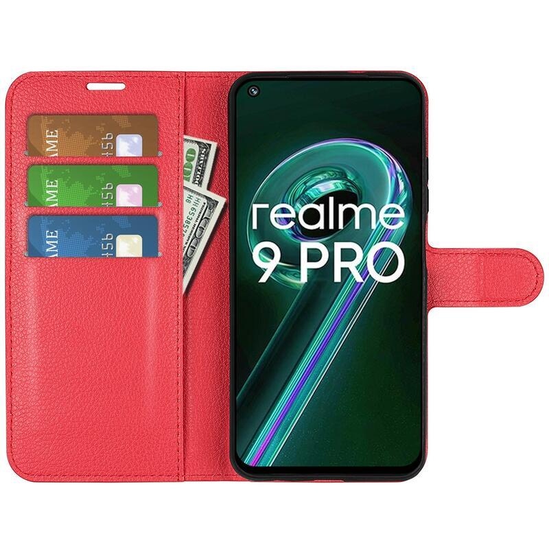 Litchi PU kožené peněženkové pouzdro na mobil Realme 9 Pro 5G - červené
