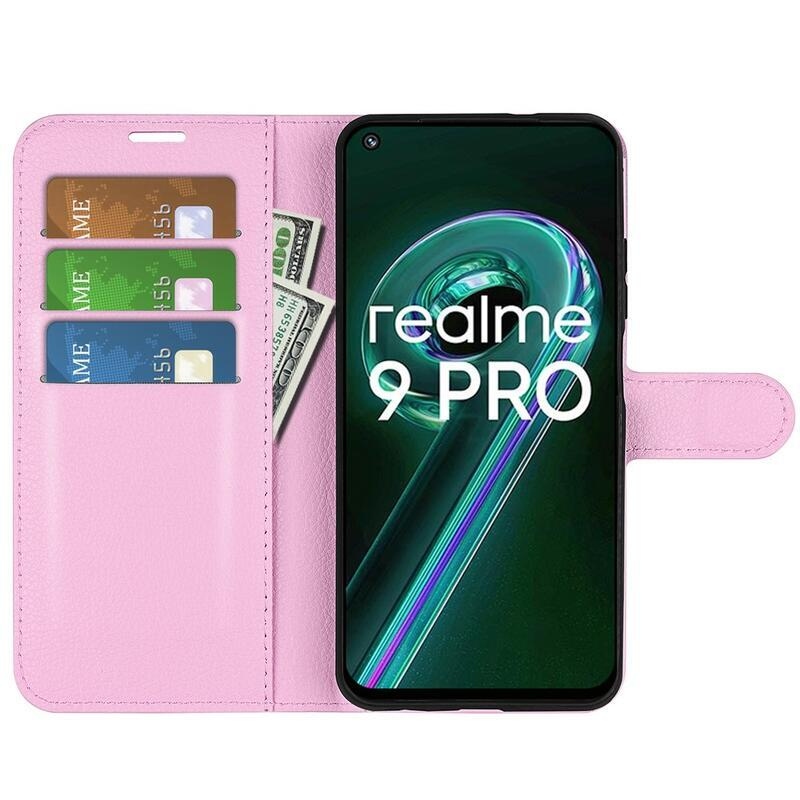 Litchi PU kožené peněženkové pouzdro na mobil Realme 9 Pro 5G - růžové