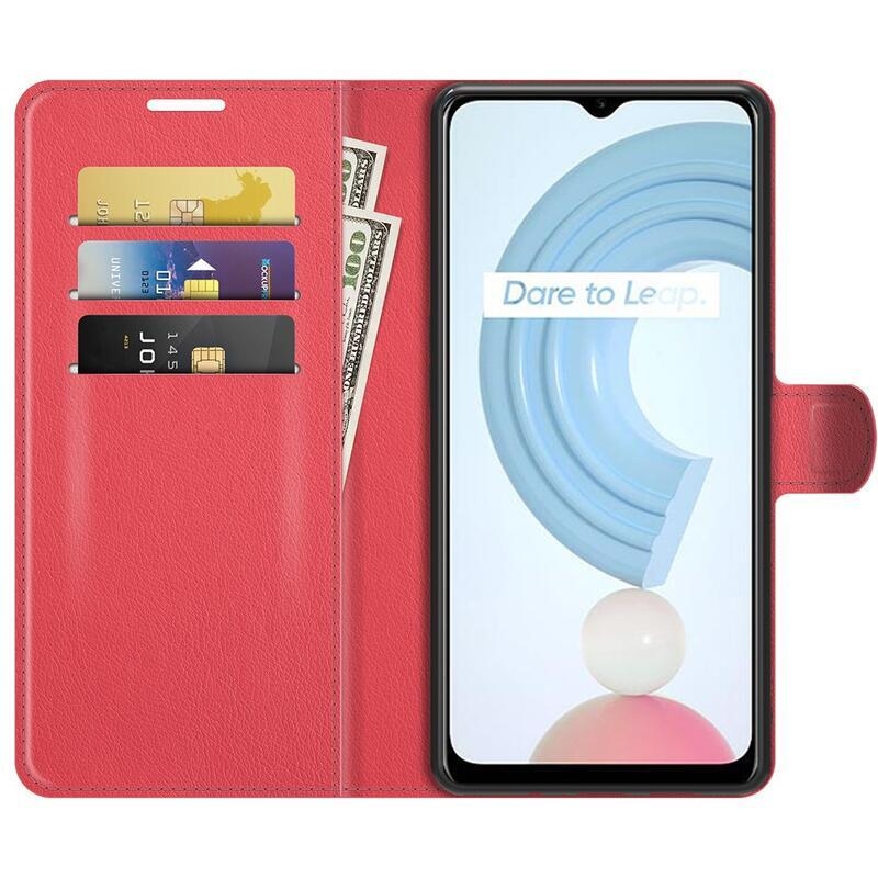 Litchi PU kožené peněženkové pouzdro na mobil Realme C21Y/C25Y - červené