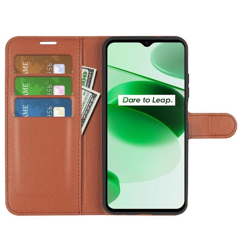 Litchi PU kožené peněženkové pouzdro na mobil Realme C35 - hnědé