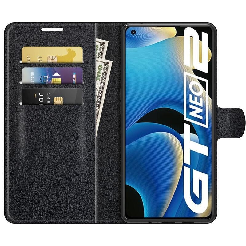 Litchi PU kožené peněženkové pouzdro na mobil Realme GT Neo 2 - černé