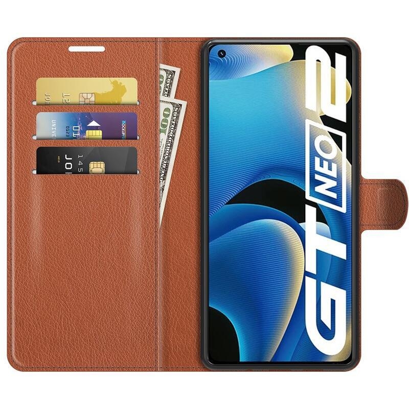 Litchi PU kožené peněženkové pouzdro na mobil Realme GT Neo 2 - hnědé