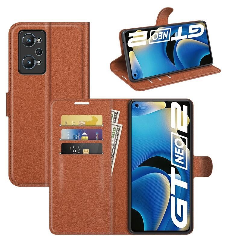 Litchi PU kožené peněženkové pouzdro na mobil Realme GT Neo 2 - hnědé
