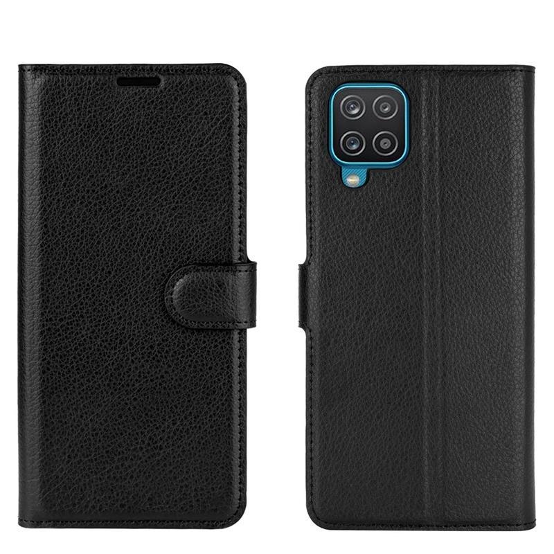 Litchi PU kožené peněženkové pouzdro na mobil Samsung Galaxy A12/M12 - černé