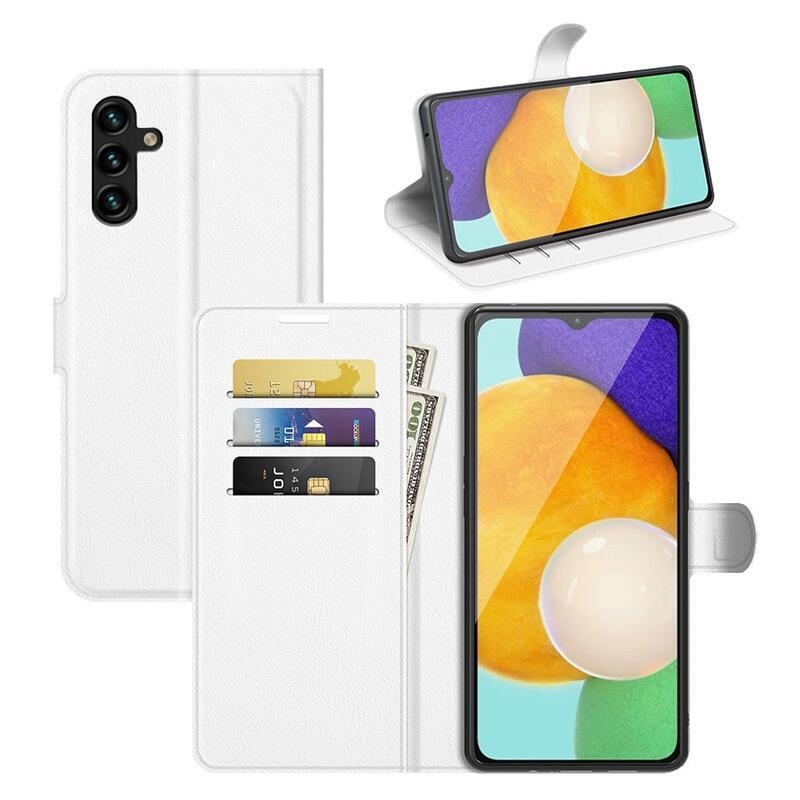 Litchi PU kožené peněženkové pouzdro na mobil Samsung Galaxy A13 5G/Galaxy A04s (164.7 x 76.7 x 9.1 mm) - bílé