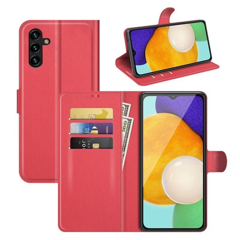 Litchi PU kožené peněženkové pouzdro na mobil Samsung Galaxy A13 5G/Galaxy A04s (164.7 x 76.7 x 9.1 mm) - červené
