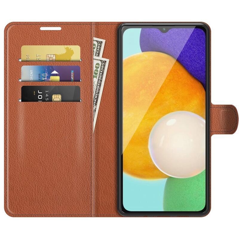 Litchi PU kožené peněženkové pouzdro na mobil Samsung Galaxy A13 5G/Galaxy A04s (164.7 x 76.7 x 9.1 mm) - hnědé