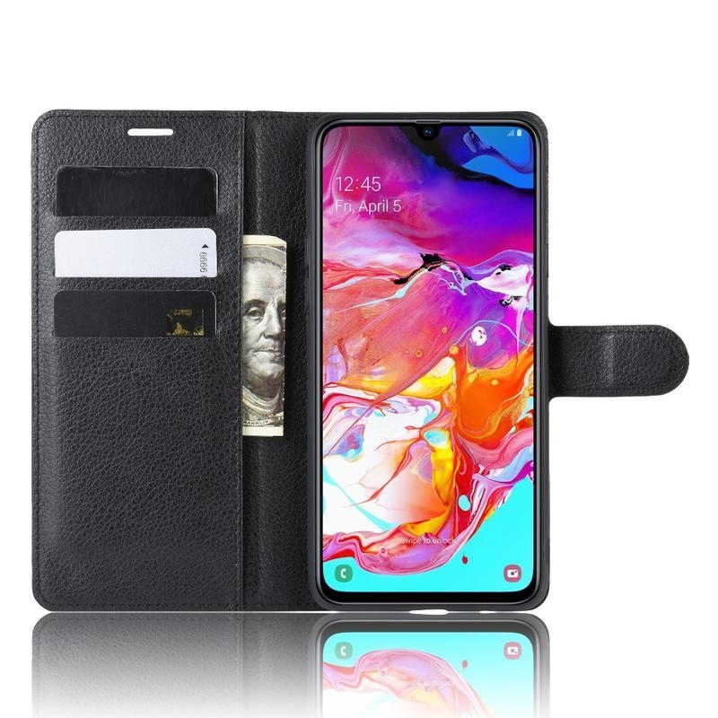 Litchi PU kožené peněženkové pouzdro na mobil Samsung Galaxy A20s - černé