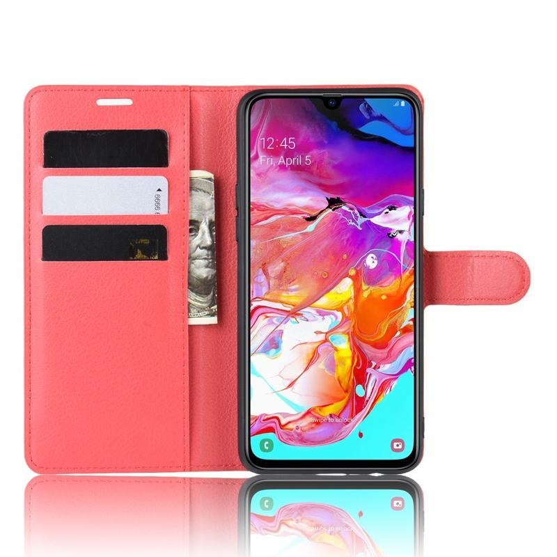 Litchi PU kožené peněženkové pouzdro na mobil Samsung Galaxy A20s - červené