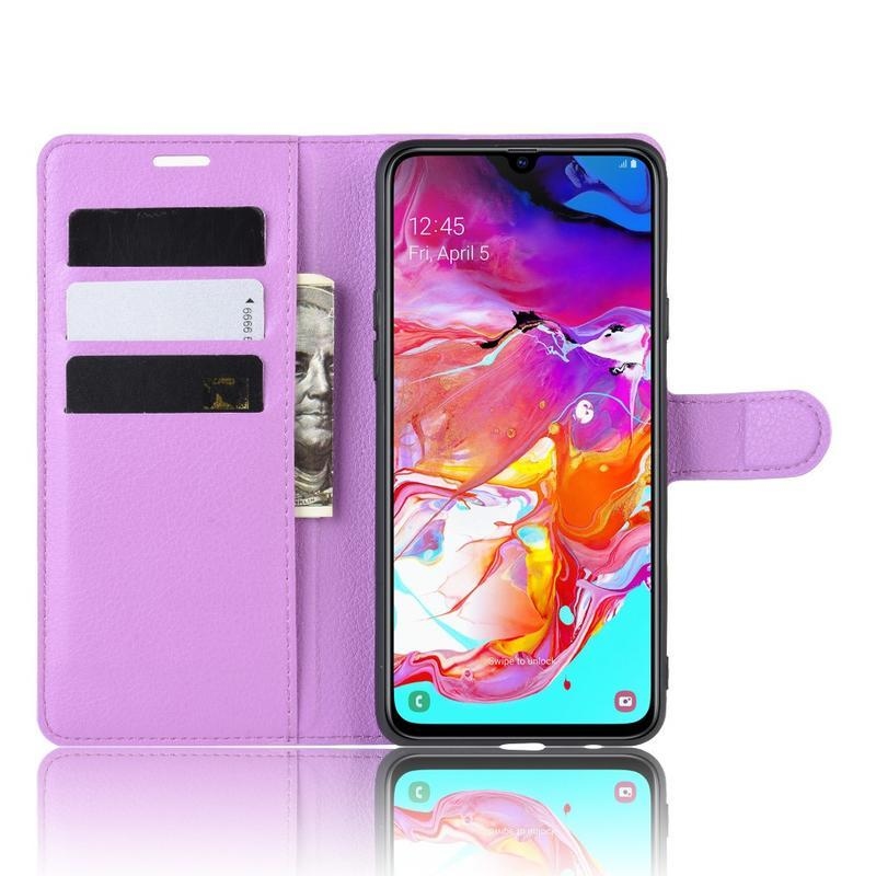 Litchi PU kožené peněženkové pouzdro na mobil Samsung Galaxy A20s - fialové