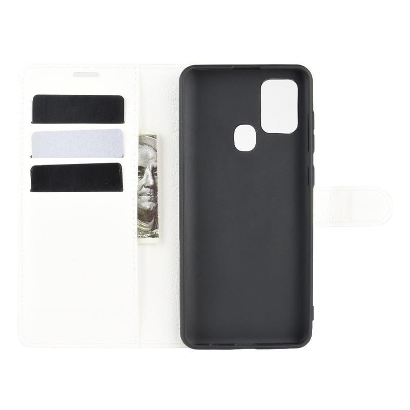 Litchi PU kožené peněženkové pouzdro na mobil Samsung Galaxy A21s - bílé