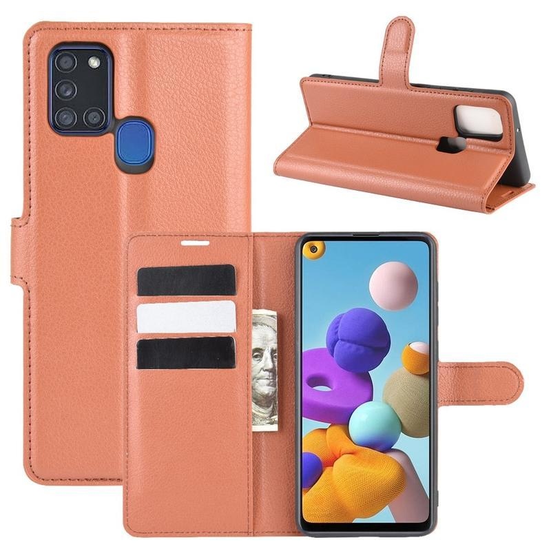 Litchi PU kožené peněženkové pouzdro na mobil Samsung Galaxy A21s - hnědé