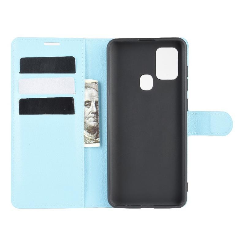 Litchi PU kožené peněženkové pouzdro na mobil Samsung Galaxy A21s - modré