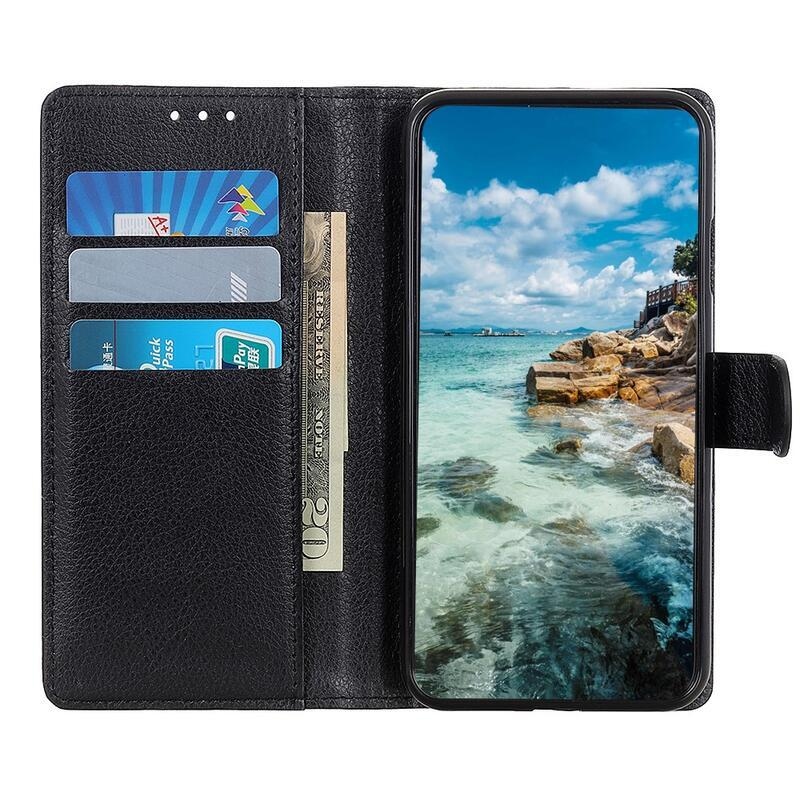 Litchi PU kožené peněženkové pouzdro na mobil Samsung Galaxy A22 5G - černé
