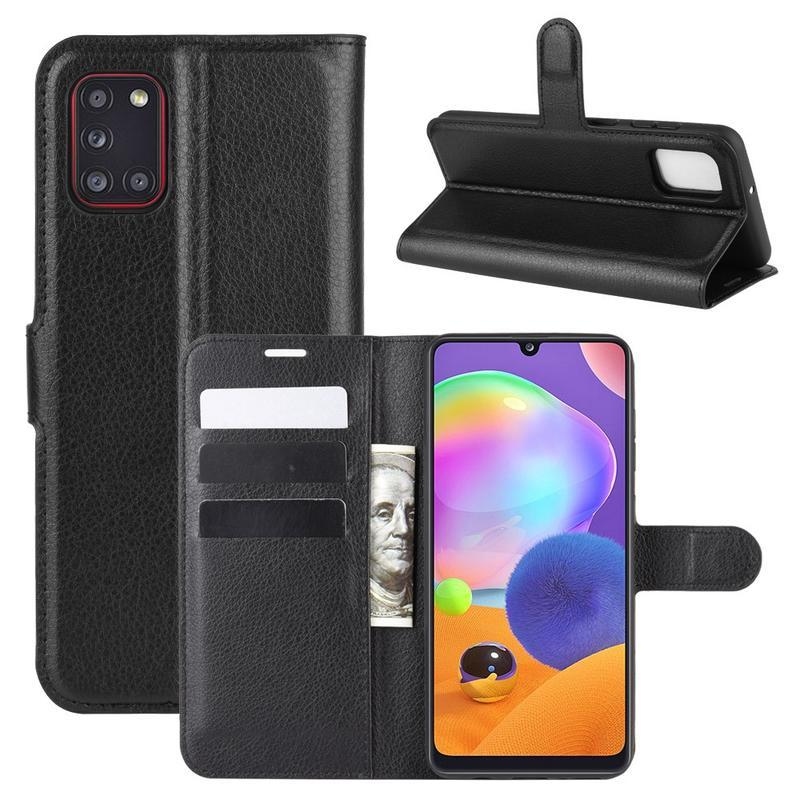 Litchi PU kožené peněženkové pouzdro na mobil Samsung Galaxy A31 - černé