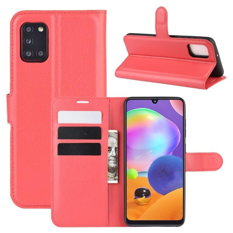 Litchi PU kožené peněženkové pouzdro na mobil Samsung Galaxy A31 - červené