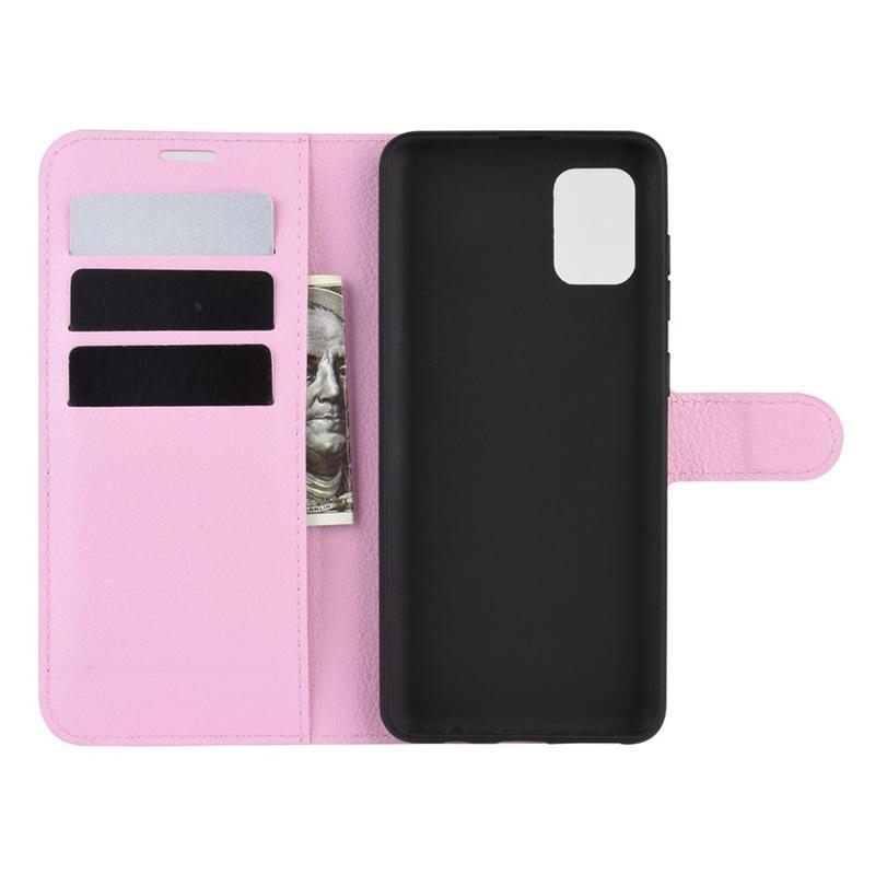 Litchi PU kožené peněženkové pouzdro na mobil Samsung Galaxy A31 - růžové