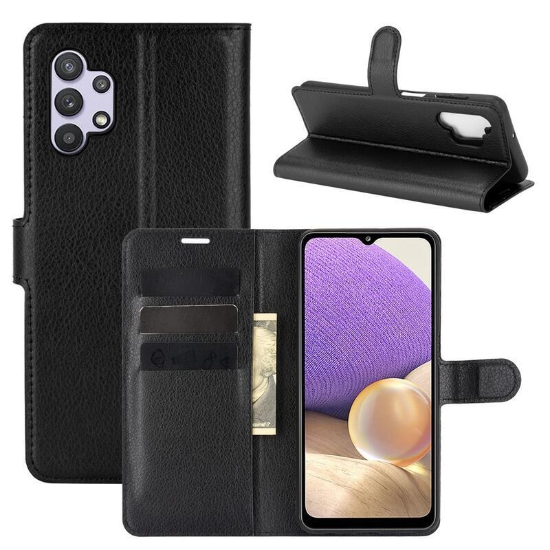 Litchi PU kožené peněženkové pouzdro na mobil Samsung Galaxy A32 5G - černé