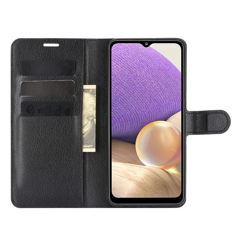 Litchi PU kožené peněženkové pouzdro na mobil Samsung Galaxy A32 5G - černé