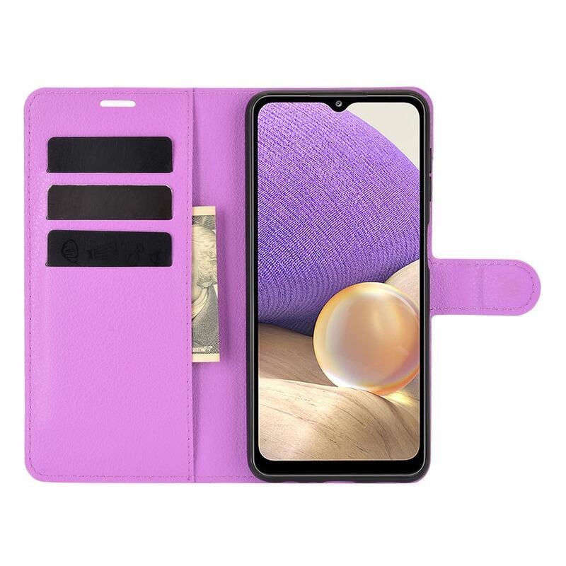Litchi PU kožené peněženkové pouzdro na mobil Samsung Galaxy A32 5G - fialové