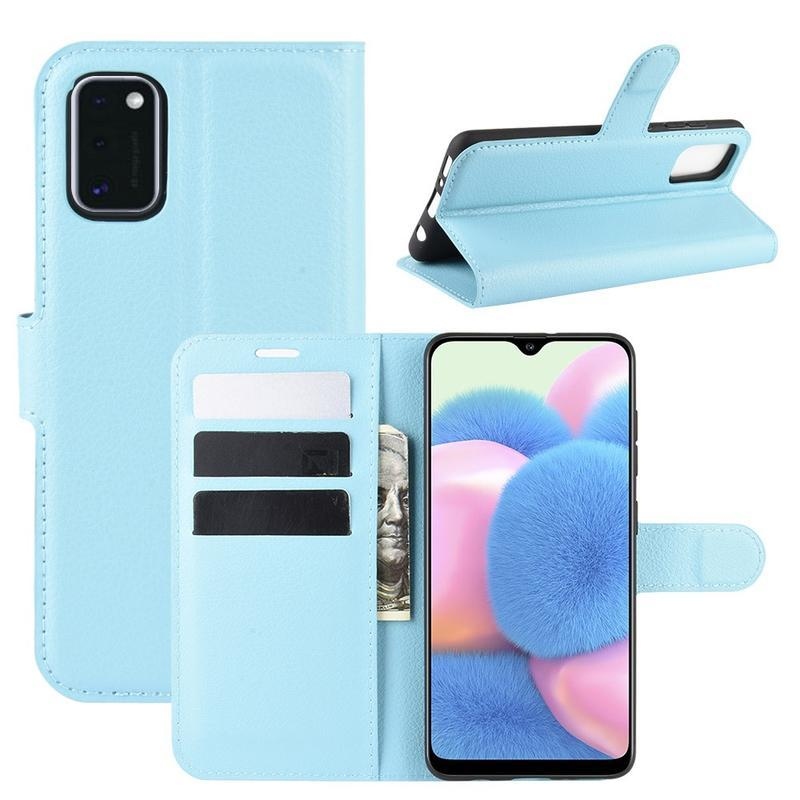Litchi PU kožené peněženkové pouzdro na mobil Samsung Galaxy A41 - modré